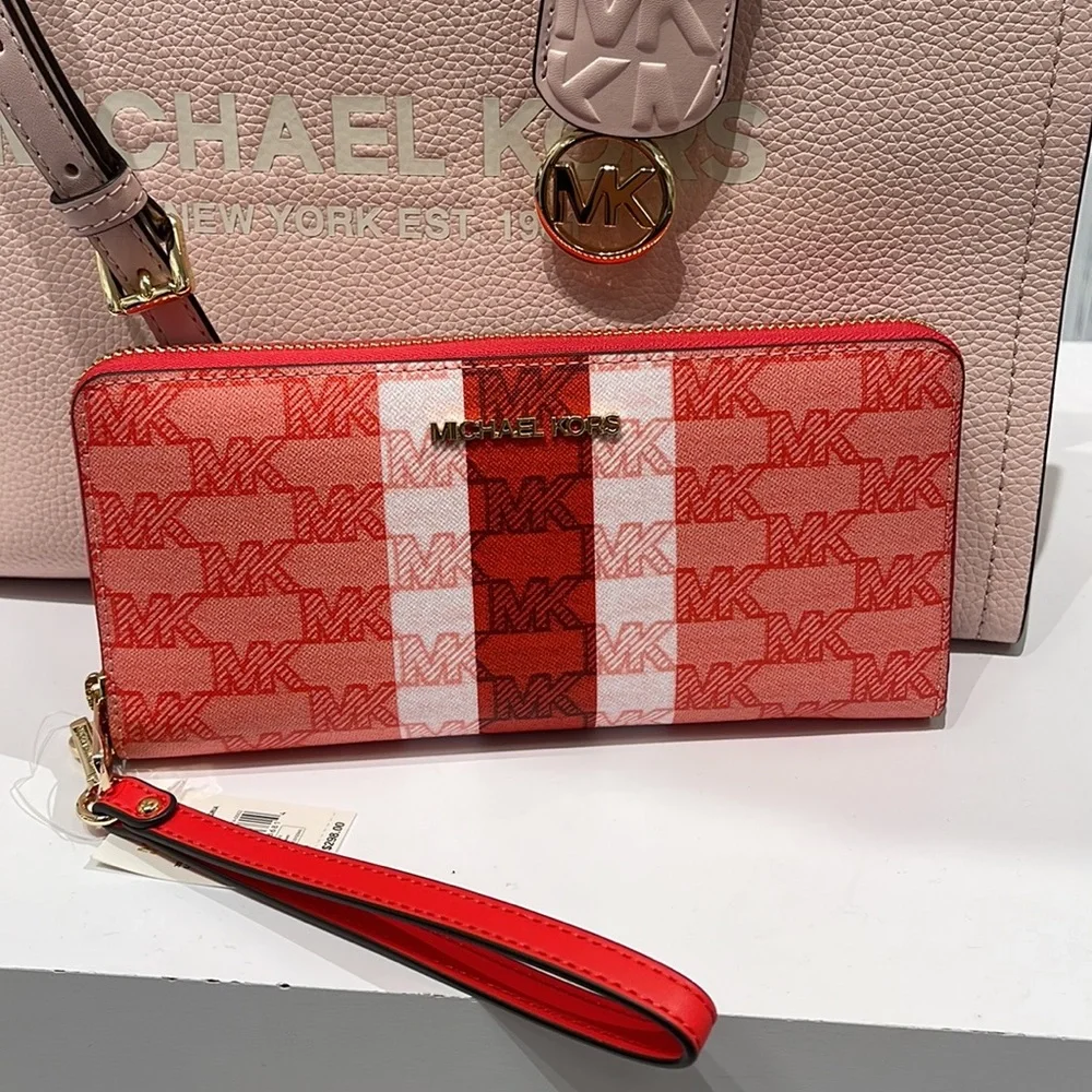 MICHAEL KORS Leather Continental Phone Holder Wristlet Wallet Dark Sungria NWT